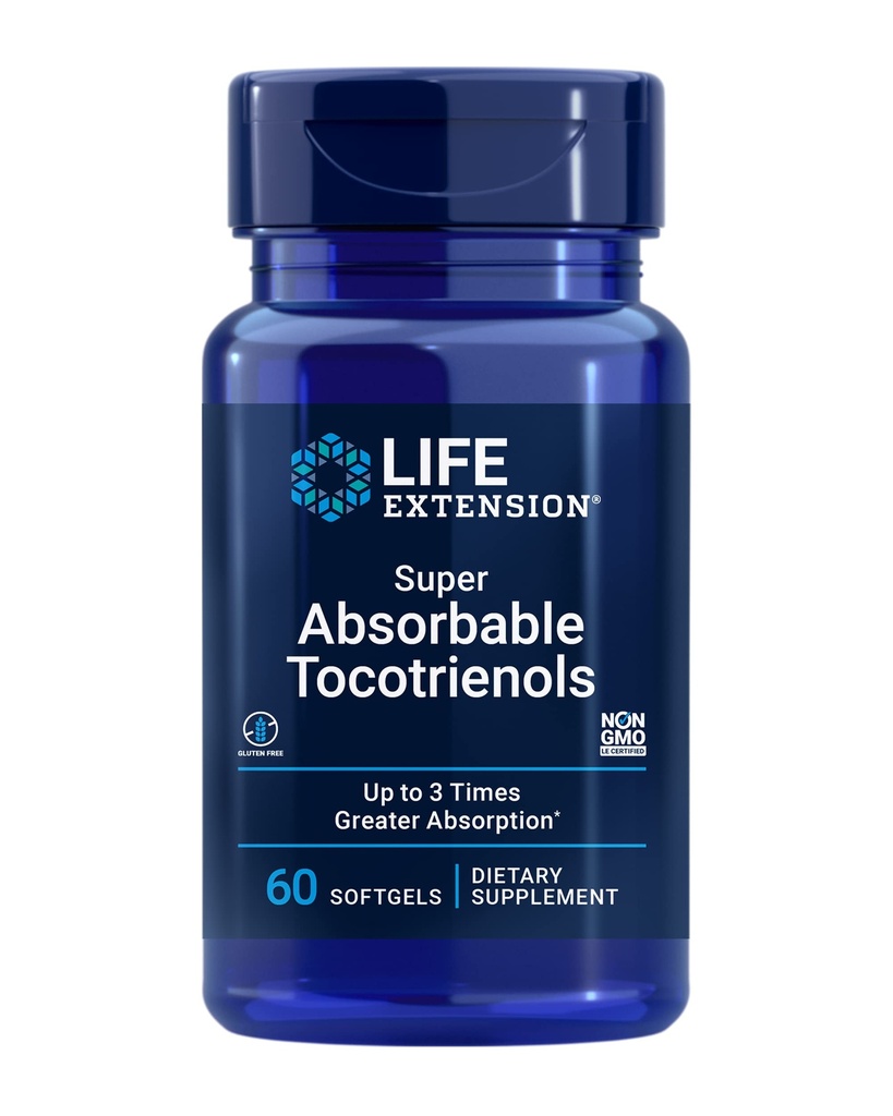 Life Extension Super Absorbable Tocotrienols, Vitamin E as D-Alpha tocopherol, Mixed tocotrienols, Support Hair Growth, Brain Function, Gluten-Free, Non-GMO, 60 softgels