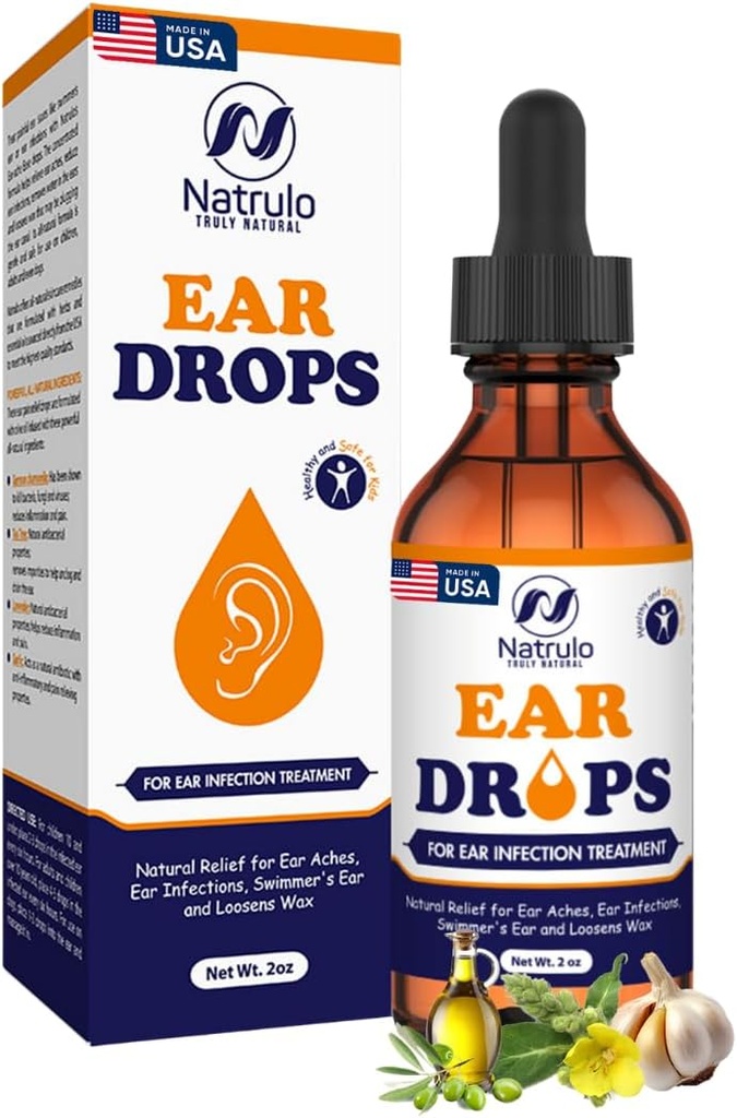 gotas de oído natural para la infección de los oídos – gotas de hierba para adultos, niños y mascotas – calma el malestar, dolores de oído, orejas picantes, oreja de Swimmer, oreja de Loosens – aceite de oído seguro para niños hechos en EE.UU. (2 Oz)