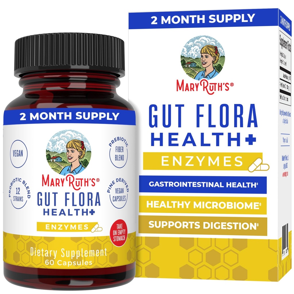 MaryRuth Organics Gut Flora Health+ Enzymes TENIDO Hasta 2 Mes de Suministro ← Prebiótico Probiotic Digestive Enzymes Blend for Healthy Gut Biome " Digestive Support TEN Gastrointestinal Health TEN 60 Capsules