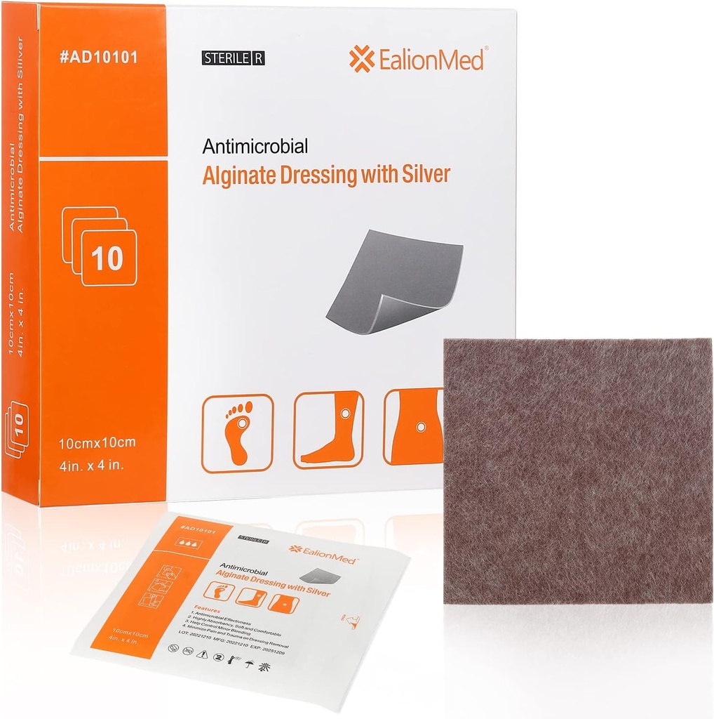 Silver Calcium Alginate Wound Dressing Pad 4''x4'', 10 Packs, High Absorbency Non-Stick Ag Gauze Patch for Pressure Ulcer,Bed Sore,Leg Sore,Diabetic Foot Ulcer