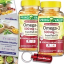 Elección Bundle Spring Valley Fish Oil Omega 3 Fatty Acid Suplemento Lemon Softgels 500 mg 60 Ct 2 pk (120 Total) + Guía de vitaminas y Contenedor de píldoras (4 artículos)!