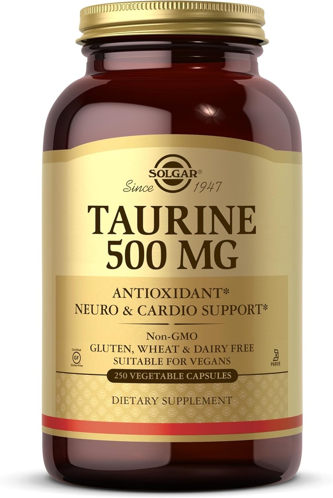 Solgar Taurine 500 mg, 250 cápsulas vegetales - Antioxidante - Salud cerebral - Aminoácidos - Vegan, Gluten Gratis, Dairy Free, Kosher - 250