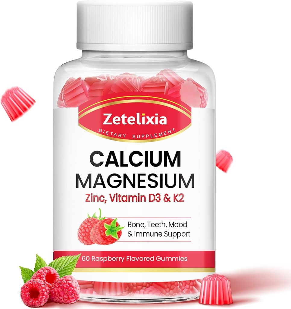 Calcium Magnesium Zinc Gummies with Vitamin D3 & K2, Calcium Gummies for B0nes Muscles, Women &amp; Men, Raspberry Flavor - 60 Condes