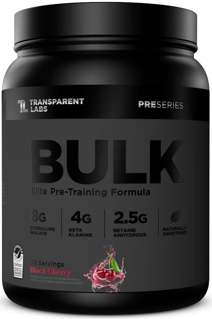 Laboratorios Transparentes Bulk Black Pre Workout - Clínicamente Dosificados, Sugar Free Preworkout para Hombres y Mujeres con Beta Alanine Powder, Citrulline Malate, " Caffeine - 30 Servings, Black Cherry