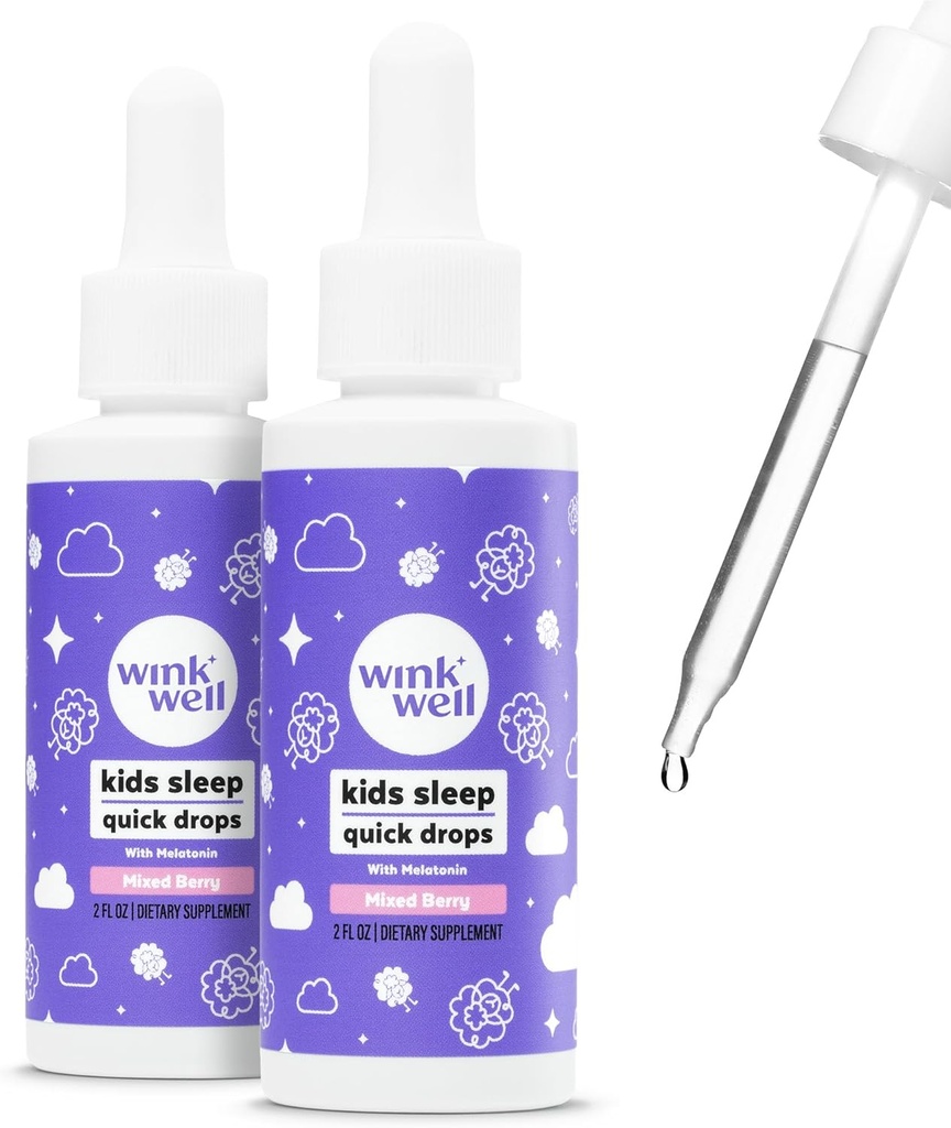 Wink Well Kids Liquid Melatonin Drops, Natural Melatonin Drops for Children with 1mg Por Serving of Liquid Melatonin for Kids, Drug-Free and Non-Habit Forming (2 Pack)