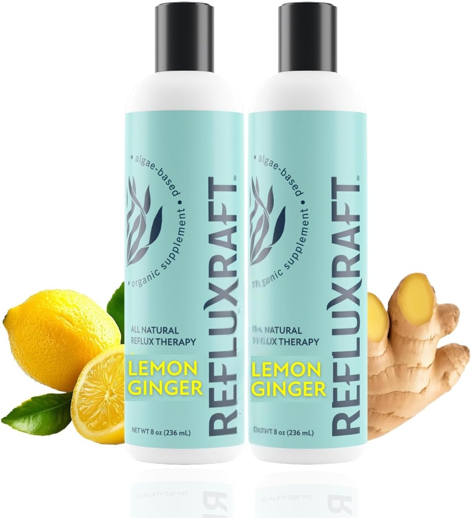 Terapia de Reflujo Ácido, Alginato Orgánico, Rápida &amp; Long Lasting Gerd, LPR &amp; Digestion Symptom Support, Zero Sugar, Gluten Free, Low Sodium, Lemon Ginger, 47 Gel Servings Por 8 OZ Bottle, 2 Pack