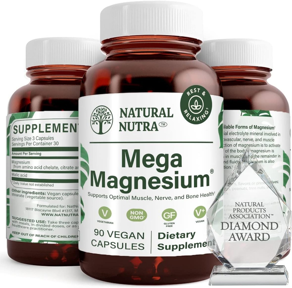 Natural Nutra Mega Magnesio 400mg Suplemento - Alta Absorción Amino Acido Chelate, Citrato, Malate Blend para el crecimiento muscular, Bone Strength, Heart Health, Nerve Support - 90 cápsulas (Pack de 2)