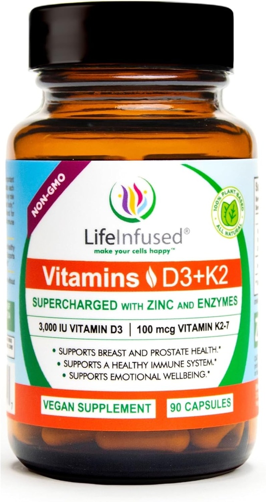 Life Infused Vitamin D3 + K2 Supercharged with Zinc and Enzymes, Help Maintain Healthy Immune System, Bone Health, Emotional Wellbeing, 90 Capsules.
