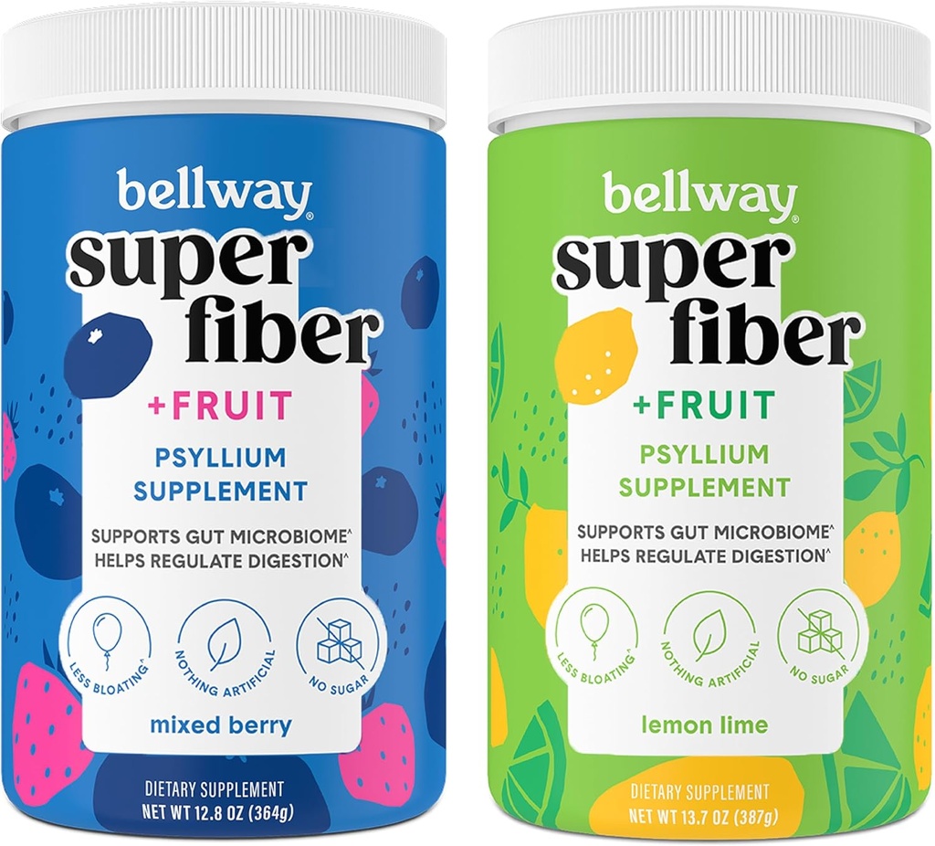 Pasta de fibra de Bellway Super Fiber + Fruta, Azúcar Psyllium Orgánica Gratuita Suplemento de fibra de polvo para regularidad, alivio de rubor " Gut Health, Non-GMO, baya mixta & limón