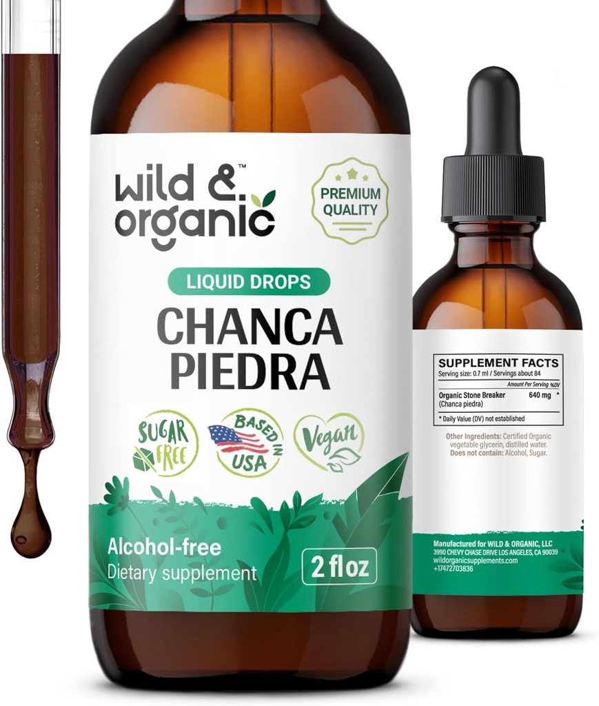 Wild & Organic Chanca Piedra Liquid Extract Drops - Stone Breaker for Kidney Stones & Gallbladder Support - Herbal Tincture for Urinary Tract Well-Being - Vegan, Sugar &amp; Alcohol-Free - 2 fl oz