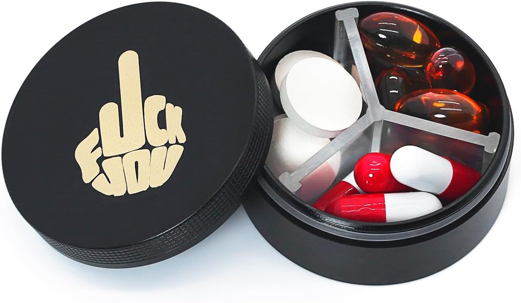 Small Pill Case 3 Compartments, Metal Round Portable Pill Box, Waterproof Travel Pill Organizer, Pocket Purse Medicine Vitamin Holder EDC Container (Black with Finger)