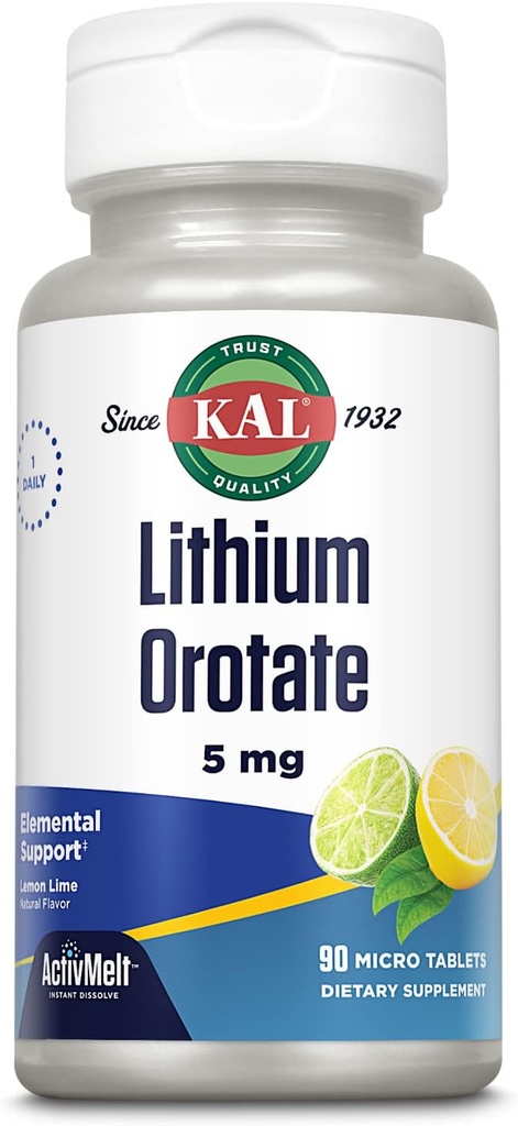 KAL Lithium Orotate ActivMelt 5mg, Lithium Chelated para la absorción óptima y la biodisponibilidad, Soporte de Mood saludable, Sabor de limón natural, Tabletas de dissolve instantáneo, 90 Serviciones, 90 Micro Tabletas
