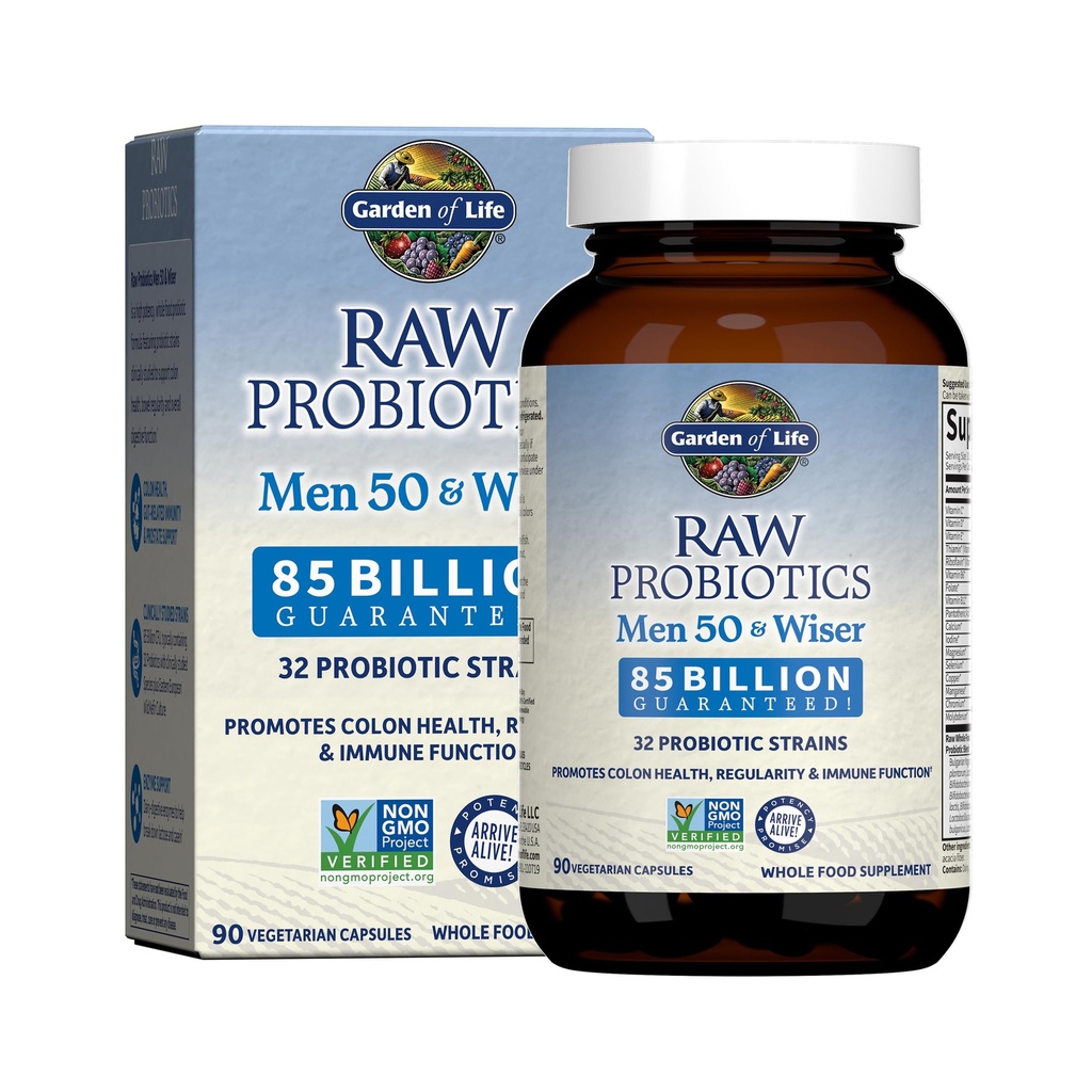 Garden of Life Raw Probiotics for Men Más de 50 - Hombres 50 &amp; Wiser Probiotic with Acidophilus and Bifidobacteria Probiotic-Created Vitamins, Enzymes, and Prebiotics, Gluten Free - 90 Vegetarian Capsules