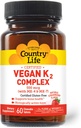 Country Life® Vegan K2-500 mcg, 60 Ct. Chewable Tablets. Strawberry Flavor - Certified Gluten Free - Certified Vegan by AVA – to Support Bone Health