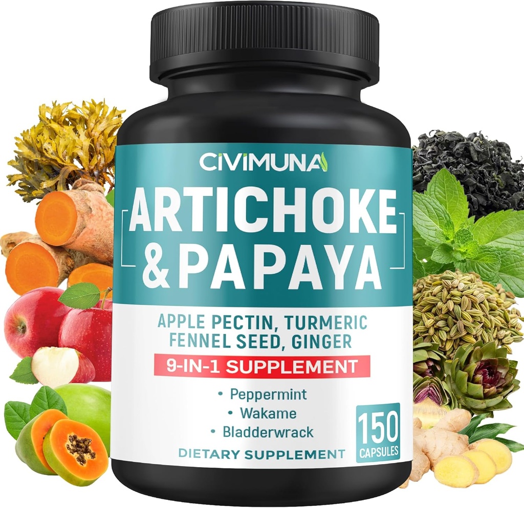 Artichoke Capsules con Artichoke, Papaya, Apple Pectin y Más - 150 cápsulas - para 5 meses de suministro