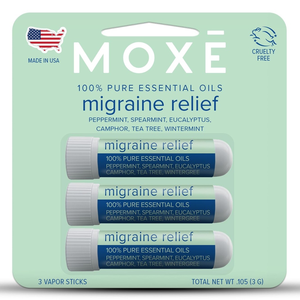 MOXE Migraine Relief Nasal Inhalers, Essential Oils for Headaches " Tension Relief, Portable Aromatherapy, Easy-to-Use, Pure " Undiluted, Peppermint, Spearmint, Eucalyptus, Tea Tree, USA Made, 3 Pack
