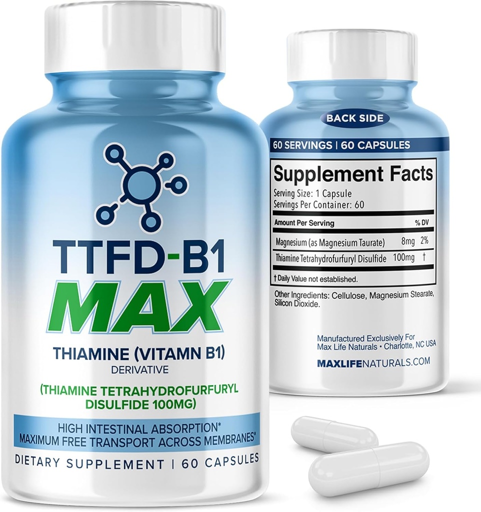 TTFD Thiamine B1 Supplement 60Capsules Made in USA- Thiamine TTFD Vitamin B1 MAX, High-Potency Supplement for Energy & Focus, Supports Healthy Nerve Function & General Wellness by MaxLife Naturals