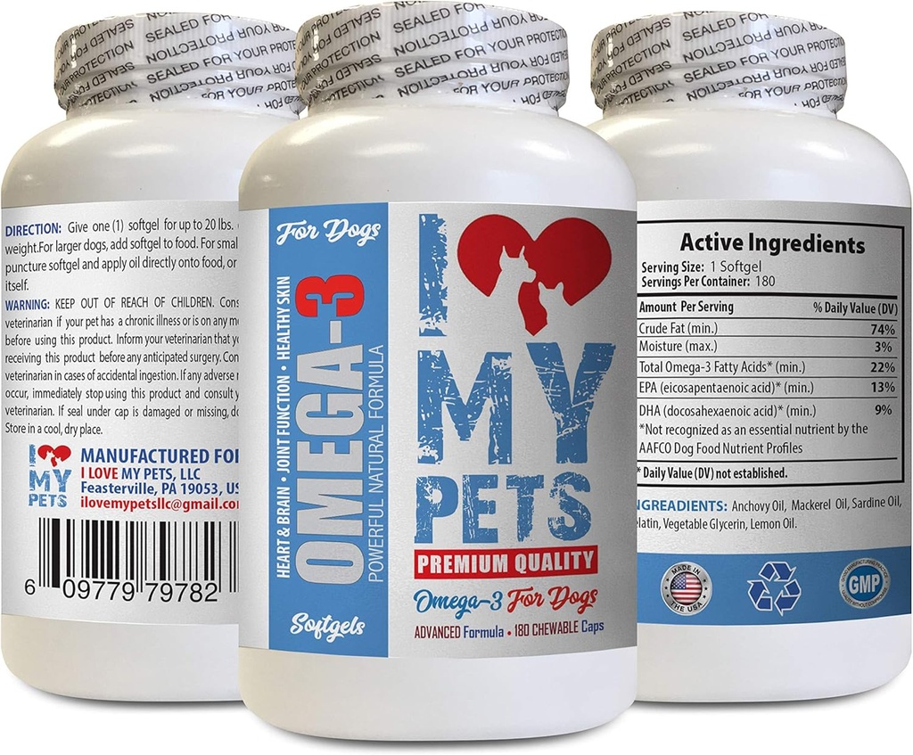 AMO MI PETS LLC Dog Protein Suplemento - Omega 3 Fish Oil for Dogs - Advanced Premium Quality - epa for Dogs - 180 Softgels (1 Bottle)