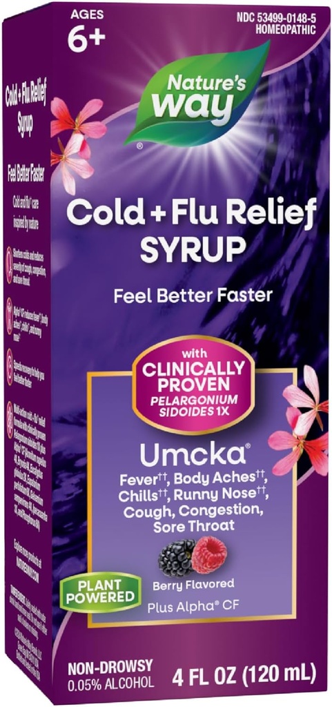 Camino de la Naturaleza Cold+Flu Relief Syrup, Umcka, Fever*, Sore Throat, Cough, Congestion, Body Aches*, Homeopathic, Phenylephrine Free, 0.05% Alcohol, Berry Flavored, 4 Fl Oz (Packaging May Vary)