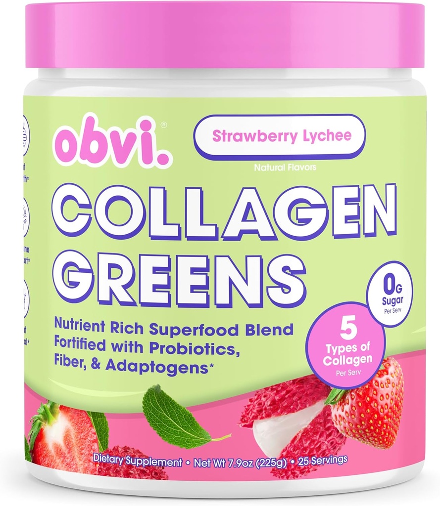 Obvi Collagen Greens ← Ecológico Greens Superfood Powder con Peptides Collagen ¦ Probióticos para Gut Health, Skin, Hair, Nails TEN Gluten-Free, Zero Sugar TEN Strawberry Lychee Flavor, 25 Servings
