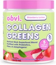 Obvi Collagen Greens ← Ecológico Greens Superfood Powder con Peptides Collagen ¦ Probióticos para Gut Health, Skin, Hair, Nails TEN Gluten-Free, Zero Sugar TEN Strawberry Lychee Flavor, 25 Servings