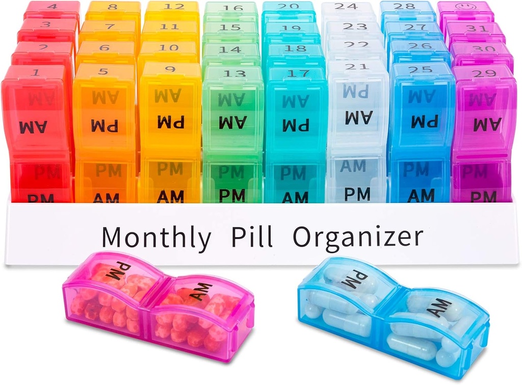 ASprink Monthly Pill Organizer 2 veces al día,30 Day One Month Pill Box AM,31 Day Pill Case Pequeños Compartimientos para mantener vitaminas,Travel Medicine Organizer,31 Day Pill Organizer Dos veces al día