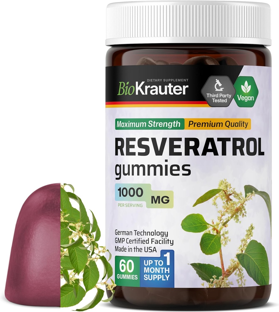 BIO KRAUTER Resveratrol Gummies - 1000 mg Strength - 60 Chews Vegan - 98% Puro Trans Resveratrol Suplemento - Antioxidante Apoyo