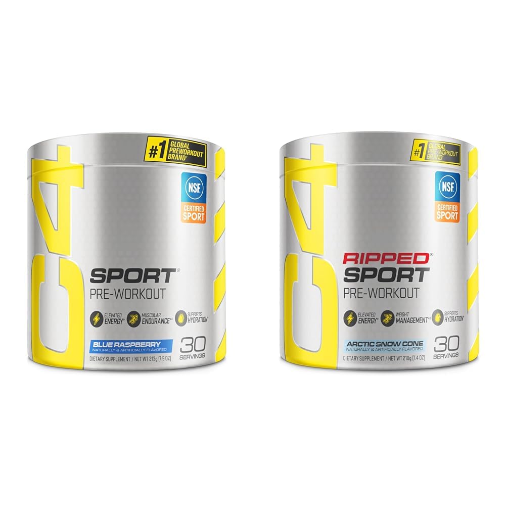 Cellucor C4 Sport Pre Workout Powder Blue Raspberry for Sport 30 Servings & C4 Ripped Sport Pre Workout Powder Arctic Snow Cone - NSF certificado para Sport + Sugar Free Preworkout Energy Supplement