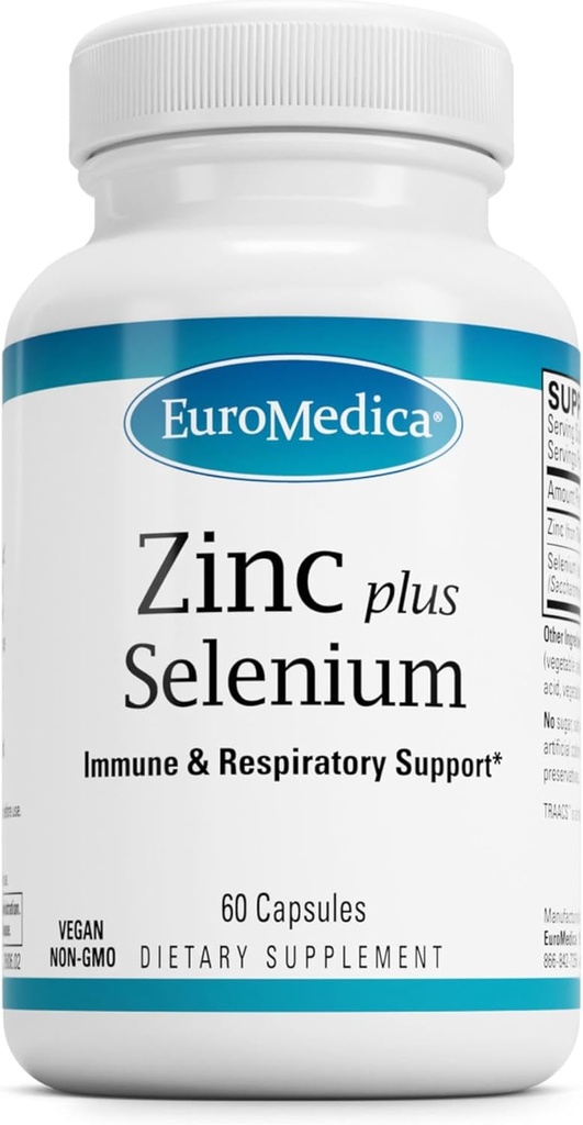 EuroMedica Zinc Plus Selenium - Immune &amp; Respiratory Health Support Supplement - Mineral Supplement with Zinc Bisglycinate Chelate - Formula with Selenium for Cellular Health Support - 60 Capsules