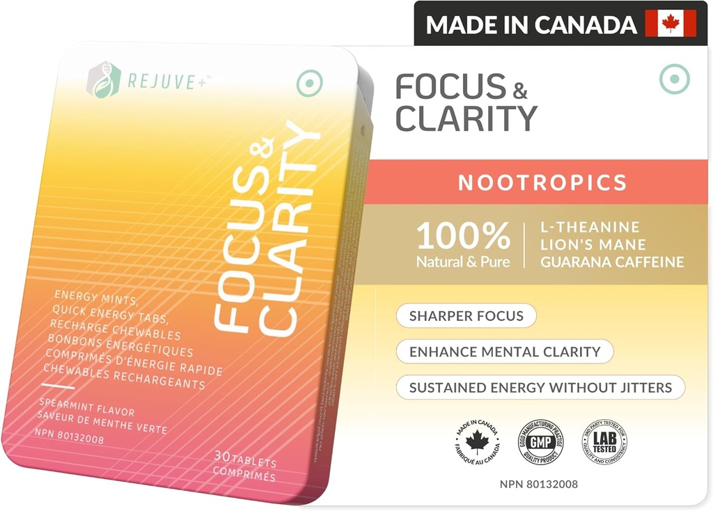 Focus " Clarity Nootropic Supplement – Brian Boost ← L-Theanine, Caffeine, Lion’s Mane, Magnesium, Vitamina B6 " B12 tóxico Brain Support, Memory, Focus " Energy " Mint Flavor (30 Chewables) (1)