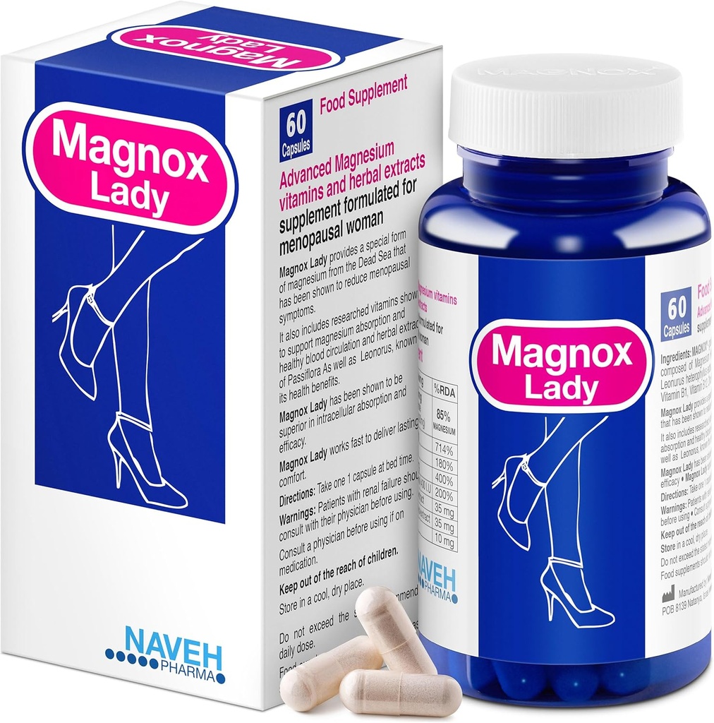 MAGNOX® Lady Magnesium Suplemento TENIDO Menopause y PMS Apoyo Suplemento para Mujeres TENIDO Complejo de Magnesio con Vitaminas B6, B1, B12, D, Zinc ← Alta Absorción Mar Muerto Orgánica Silencio 60 cápsulas vegetarianas