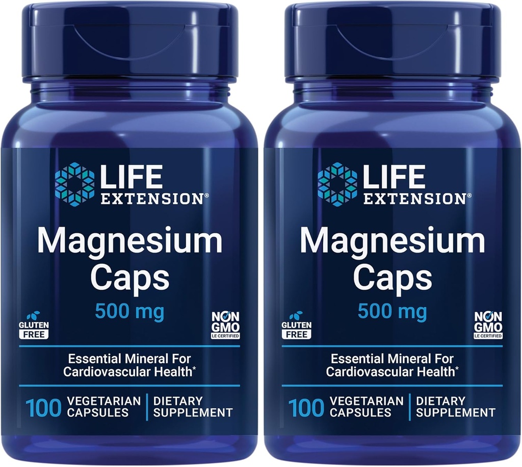 Extensión de la vida Caps de magnesio, 500 mg, Magnesium Succinate, Heart Health, Healthy Bones, Metabolism Support - Pack de Dos - 2 x 100 cápsulas vegetarianas