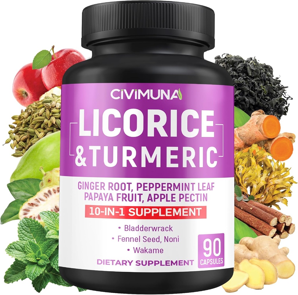 Licorice Capsules con Licorice, Turmeric Root, Ginger Root, Peppermint Leaf, Papaya Fruit- 3 Months Supply