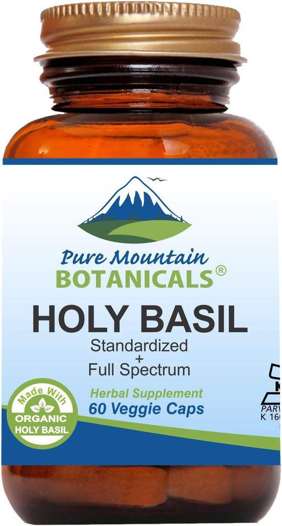 Pure Mountain Botanicals Holy Basil Capsules - Kosher Vegan Caps with 450mg Organic Holy Basil Tulsi & Holy Basil Extract from India