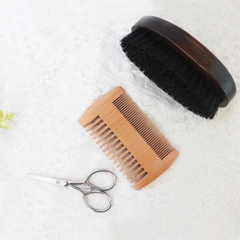 Beard Grooming Kit, Beard Care Set, Men's Grooming Kit, Beard Trimming Kit, Natural Boar Bristle Brush y Pear Wood Comb Set for Hombre - Dual Action Grooming for Beards and Mustaches