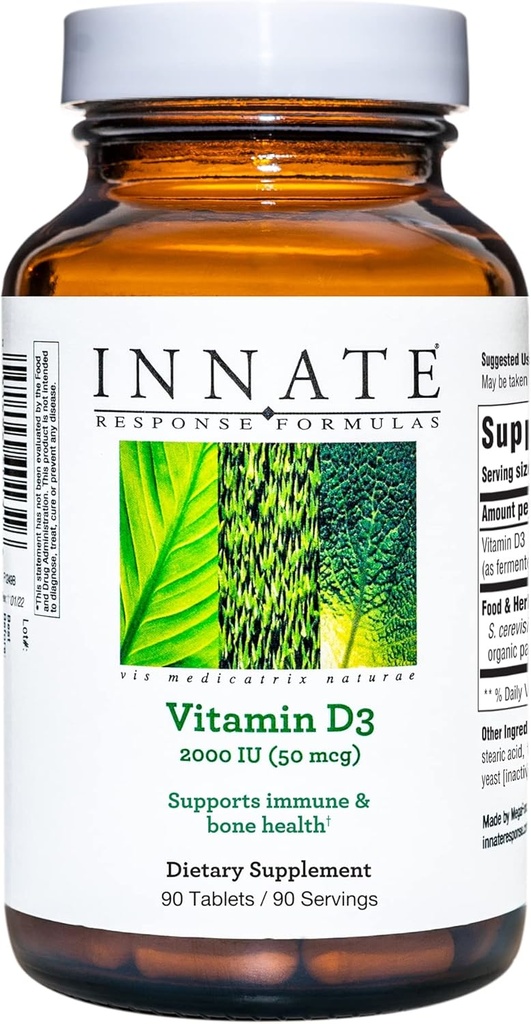 INNATE Response Fórmulas Vitamina D3 2000 UI (50 mcg) - Suplemento de vitaminas para apoyar la salud inmune y ósea - Vegetariano, no-OMG y Kosher - Hecho sin 9 alérgenos alimenticios - 90 tabletas (90 Serviciones)