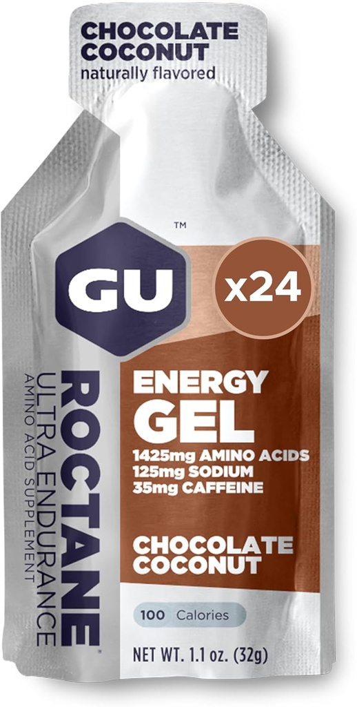 GU Energy Roctane Ultra Endurance Energy Gel, Vegan, Gluten-Free, Kosher y Dairy-Free On-The-Go Sports Nutrition for Running, Biking, Hiking or Skiing, Chocolate Coconut,24-Count