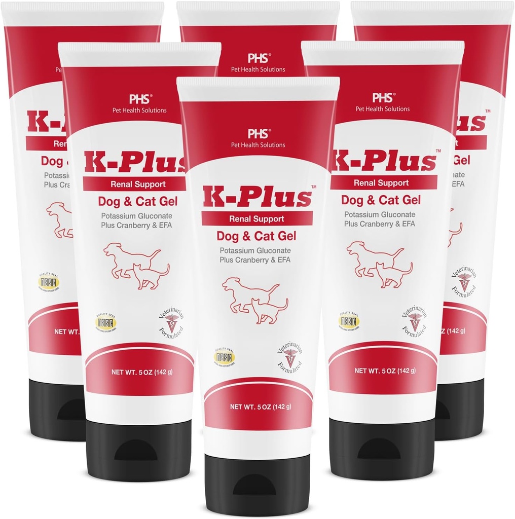 K-Plus Potasio Gluconato Renal Gel Plus Arándano y EPA para perros y gatos - Suplemento renal aprobado veterinario - Apoyo Potasio Balance - (6 Pack, Gel)