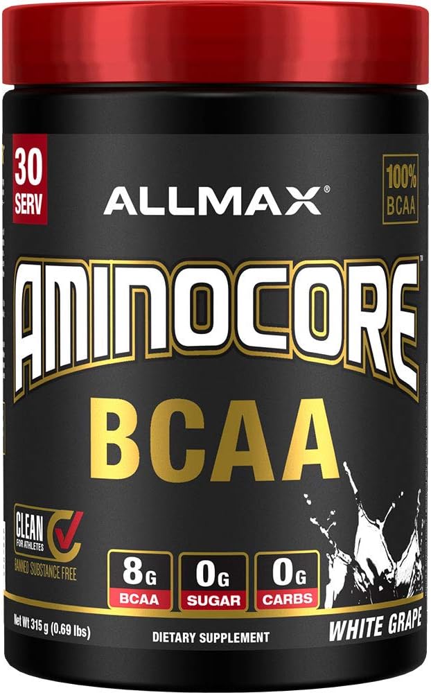 ALLMAX Nutrition AMINOCORE BCAA Powder, 8.18 Gramos de Aminoácidos, Intra y Post Workout Recovery Drink, Gluten Free, White Grape, 315 g