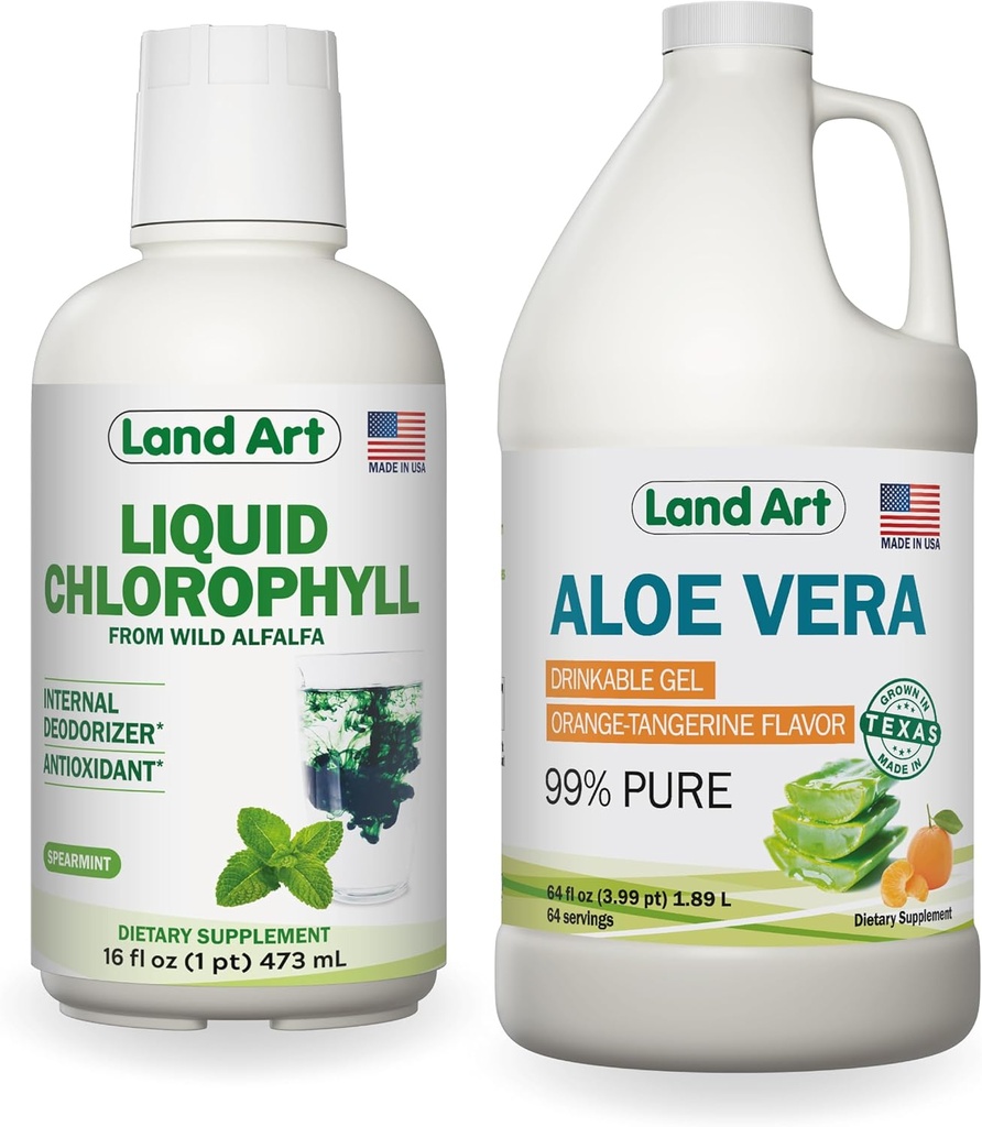 Land Art Aloe Vera Gel Bebible - Tangerine Naranja Sabored - Cold-Processed - Orgánica de hojas frescas - 64floz + Liquid Chlorophyll Mint Flavored - Cold Extracted from Wild Non-GMO Alfalfa - 16floz
