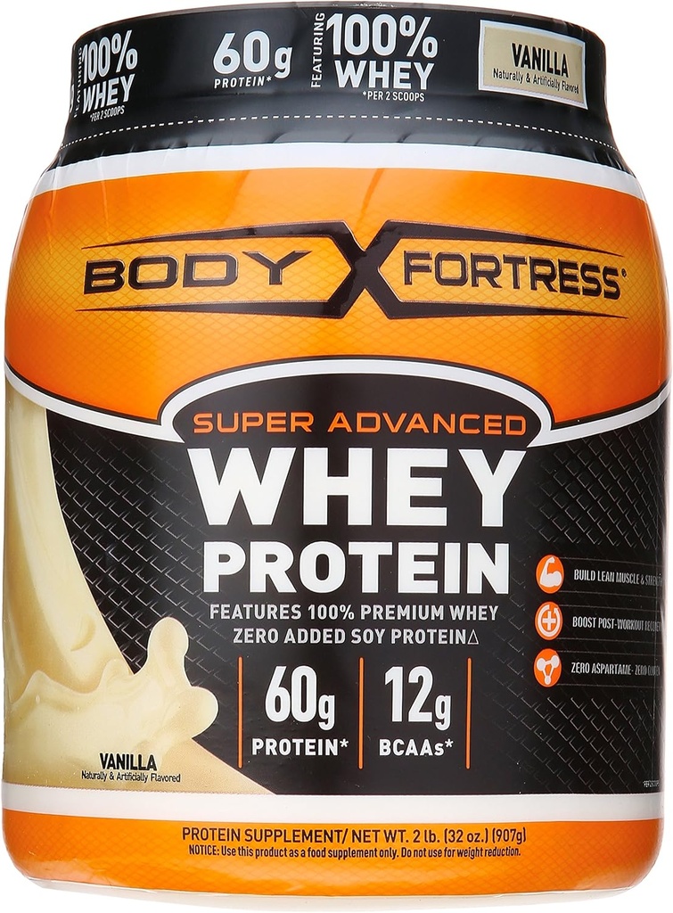 Body Fortress Super Advanced Whey Protein Powder, Plus Creatine and Glutamine, Gluten Free, Vanilla, 32 Ounce (2lb)