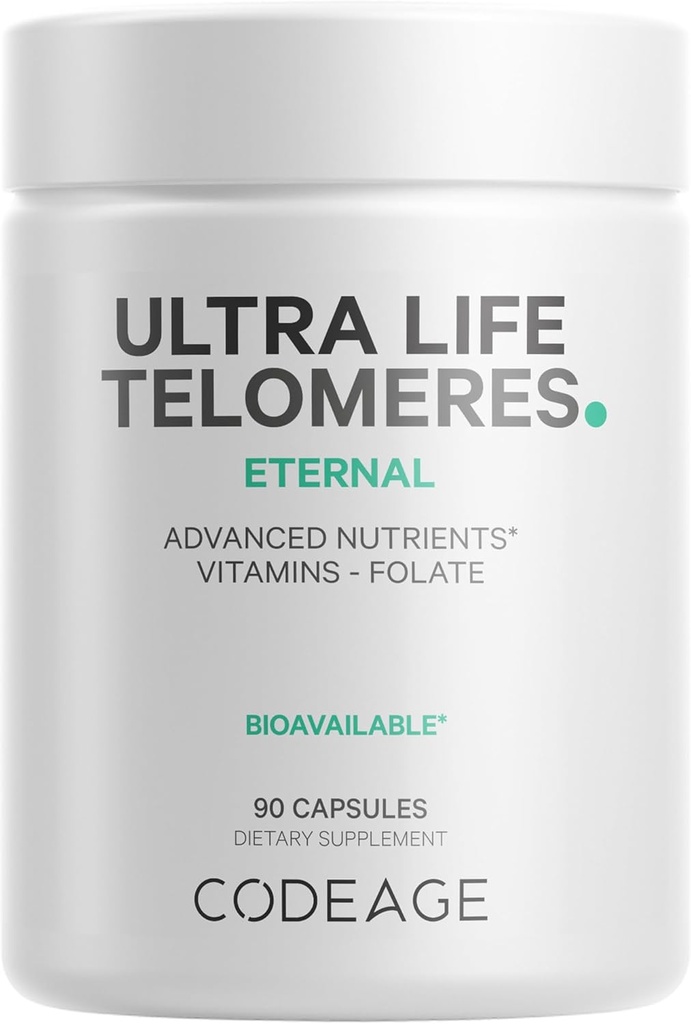 Codeage Ultra Life Telomeres Suplemento - 5 MTHF Folate Vitamina B9, Vitamina B12 Metilcobalamina, Vitamina D3, L-Theanine, Ashwagandha - 3 meses de suministro - ADN, ciclo de metilación - No GMO - 90 cápsulas