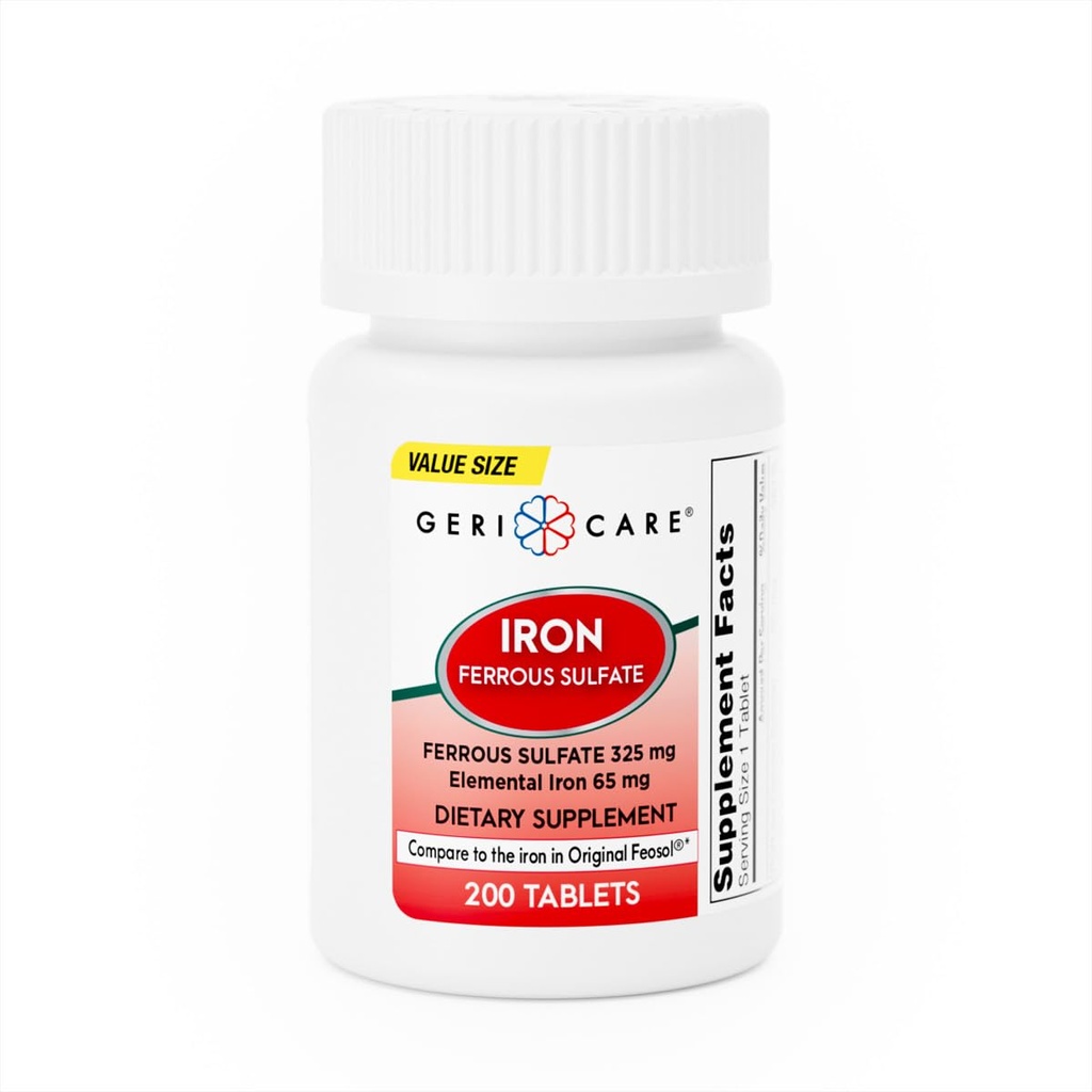 GeriCare Ferrous Sulfate Tablets 325mg, Elemental Iron 65 mg Suplemento de Hierro de Alta Potencia tención Suplemento dietético 200 Cuenta. (Pack of 1)