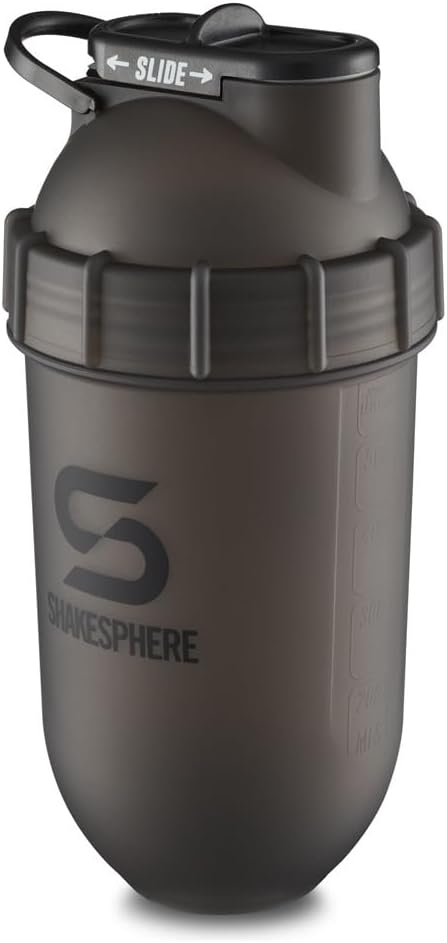 SHAKESPHERE Shaker Bottle - 24oz Leak Proof Protein Shaker Botella para Pre Workout, Smoothie y Powder Drink Mixer, No-Blade Mixer for Gym, BPA-Free, Easy Clean &amp; Easy to Carry (Frosted Black)