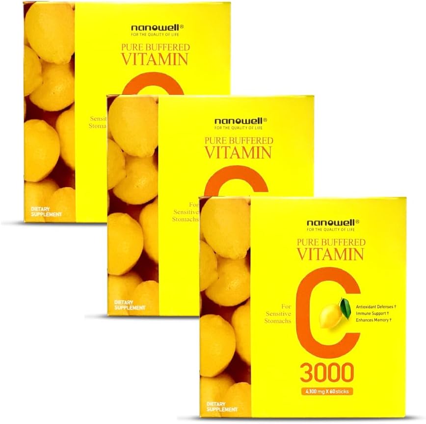 NANOWELL Puro Buffered Vitamin C 3000 mg por Serving, Suplemento dietético para Immune Support - 60 Sticks x 3 Boxes, 6 Months Supply (180 Conteo)