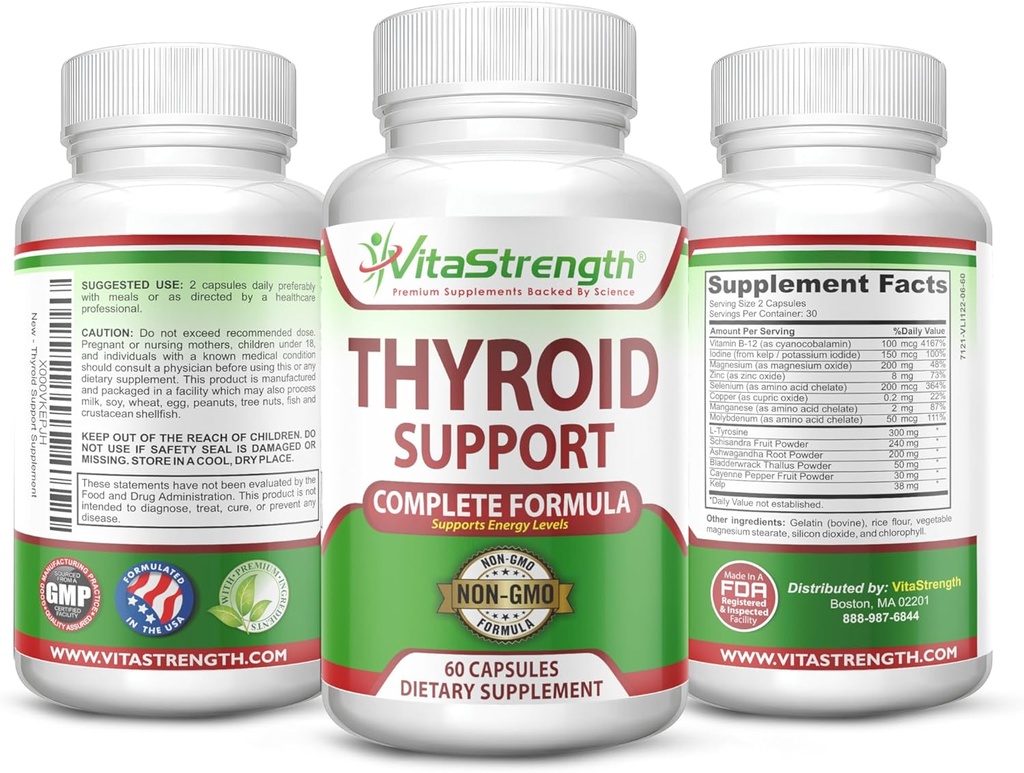 Soporte para tiroides - Fórmula completa para apoyar los niveles de energía con yodo, Bladderwrack, Kelp, B12 &amp; More- Thyroid Energy: Boost T4 to T3 Supplement - Non-GMO