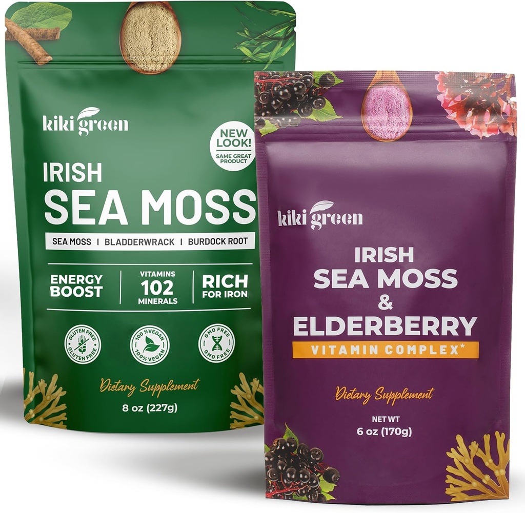 KIKI Green Sea Moss Powder Bundle - Immune Support Superfood Complex 8 oz, 6 oz - Raw Sea Moss, Burdock Root, Bladderwrack, Elderberry Extract - para Immunity Boost, Energy &amp; Health Support