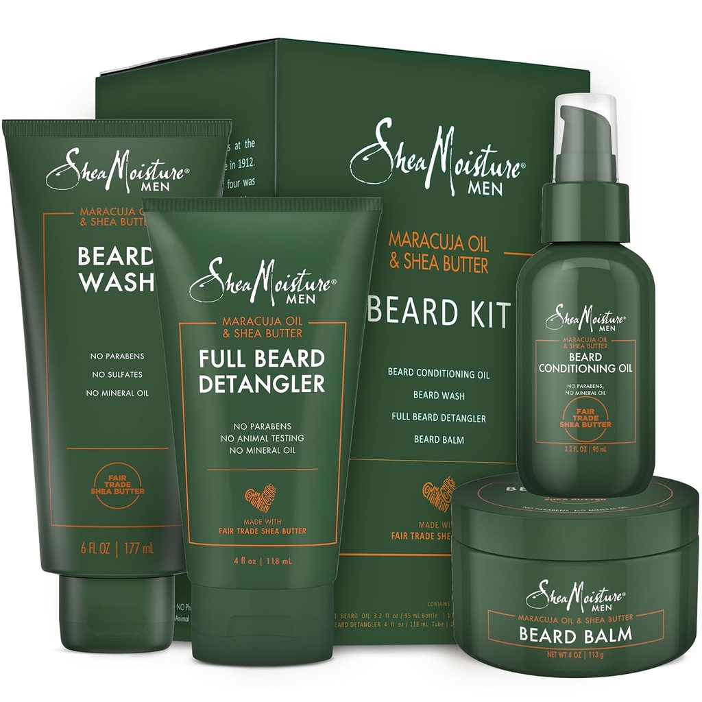 SheaMoisture Beard-Care Kit para Hombres, Incluye lavado, Balm, Aceite, Acondicionador, Natural Shea Butter & Maracuja Oil, Gran Regalo