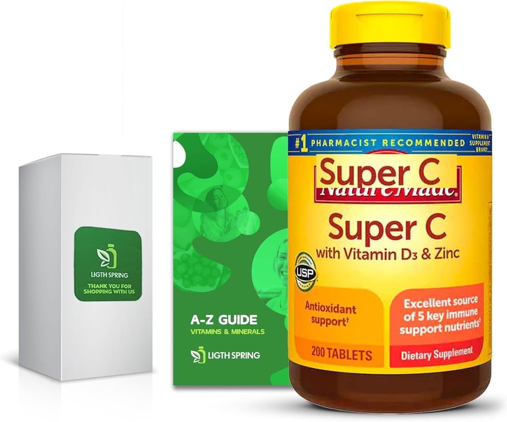 Super C with Vitamin D3 & Zinc 200 Tablets with Exclusive A to Z - Better Ligth&Spring Guide (2 Items)