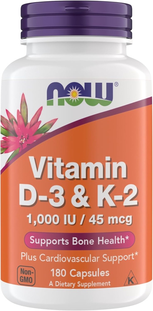 Ahora Suplementos Vitamina D3 K2, 1.000 UI/45 mcg, soporte cardiovascular, ayuda a la salud ósea, 180 cápsulas vegetarianas - Vegan, Gluten Gratis, Kosher Vitamin D3 y K2 Suplementos (Pack of 1)